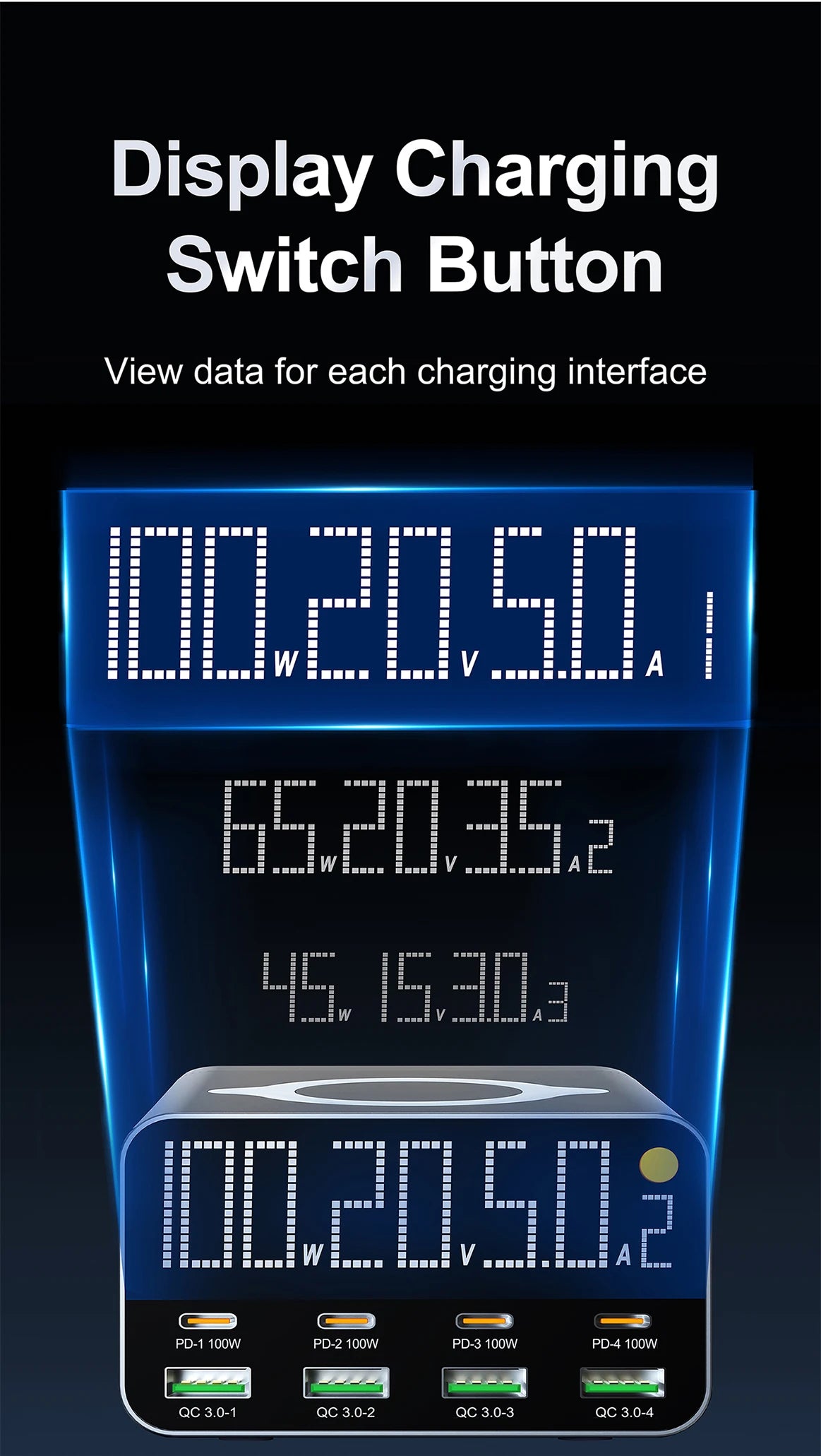 80W/120W 8 Ports Charger station Digital Display USB Type C With Wireless Charger PD QC3.0 Quick Charger For Laptop Tablet Phone