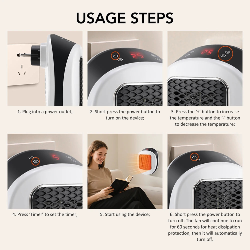 Portable Electric Heater PTC EU/US Wall-plug Bathroom Living Room Heater Adjustable Temperature Low Noise House Warmer Machine