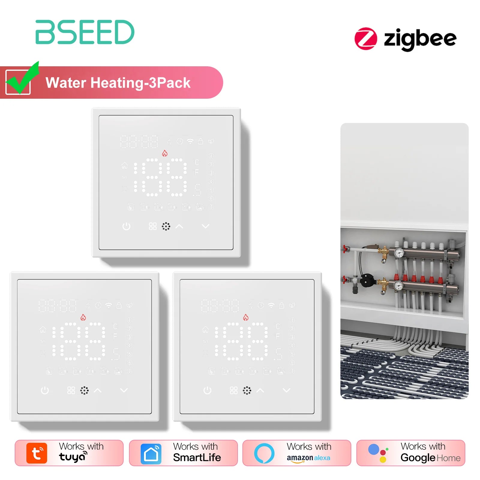 BSEED Zigbee Electric /Water/Gas Boiler Floor Heating Touch Sensor Smart Thermostats Tuya Smart Life Alexa Control Plastic Frame