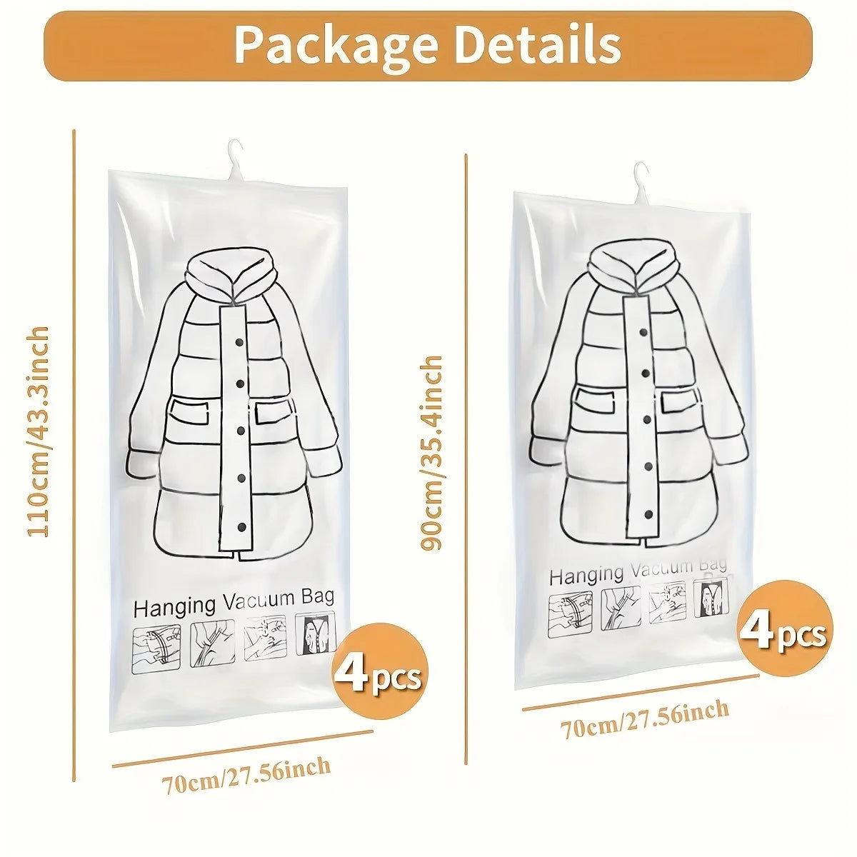 8pcs Hanging Vacuum Sealer Bags Compatible for Clothes,Suits, Jackets - Space Saving Wardrobe Organizer with,Vacuum Storage Bags