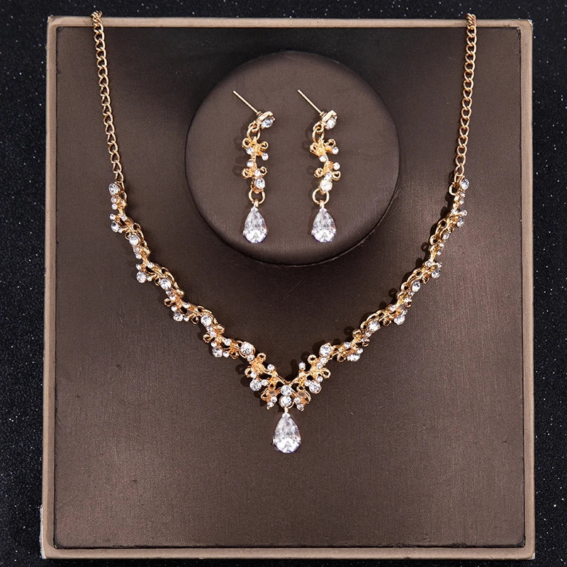 Bridal Headwear Luxury Silver-Color Crystal Water Drop Rhinestone Tiara Necklace Earrings Wedding 4 Pcs Jewelry Set