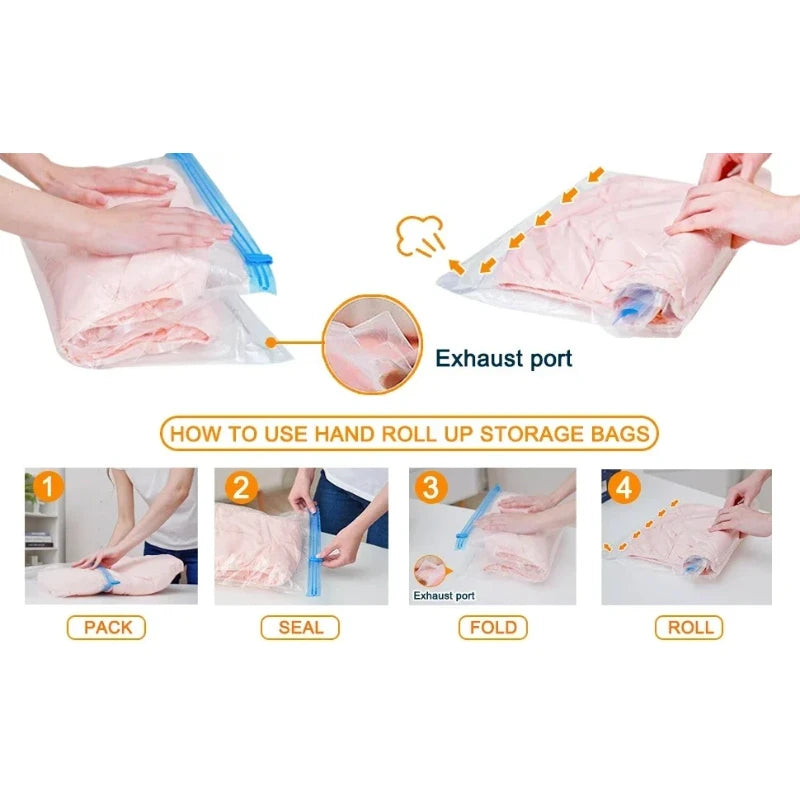 5pcs Compression Bags For Travel, Travel Compression Bags Vacuum Packing Space Saver Bags, Reusable Roll-Up Compression Bag