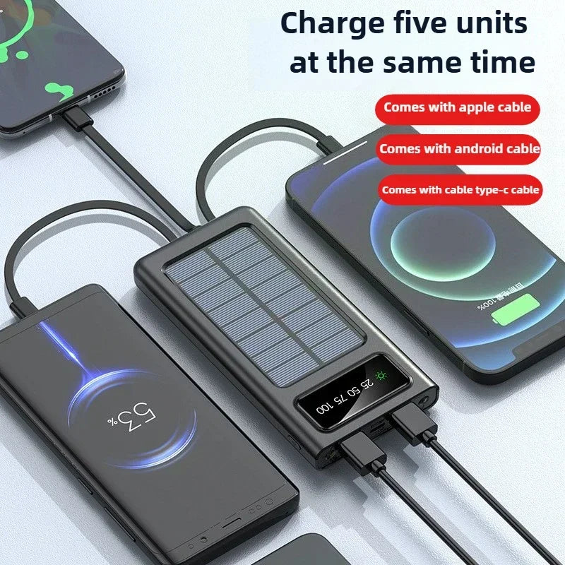 New 20000mAh Solar Power Bank Large Capacity Mobile Power Fast Charging Battery with Dual USB 4 Cables for IPhone Samsung Xiaomi