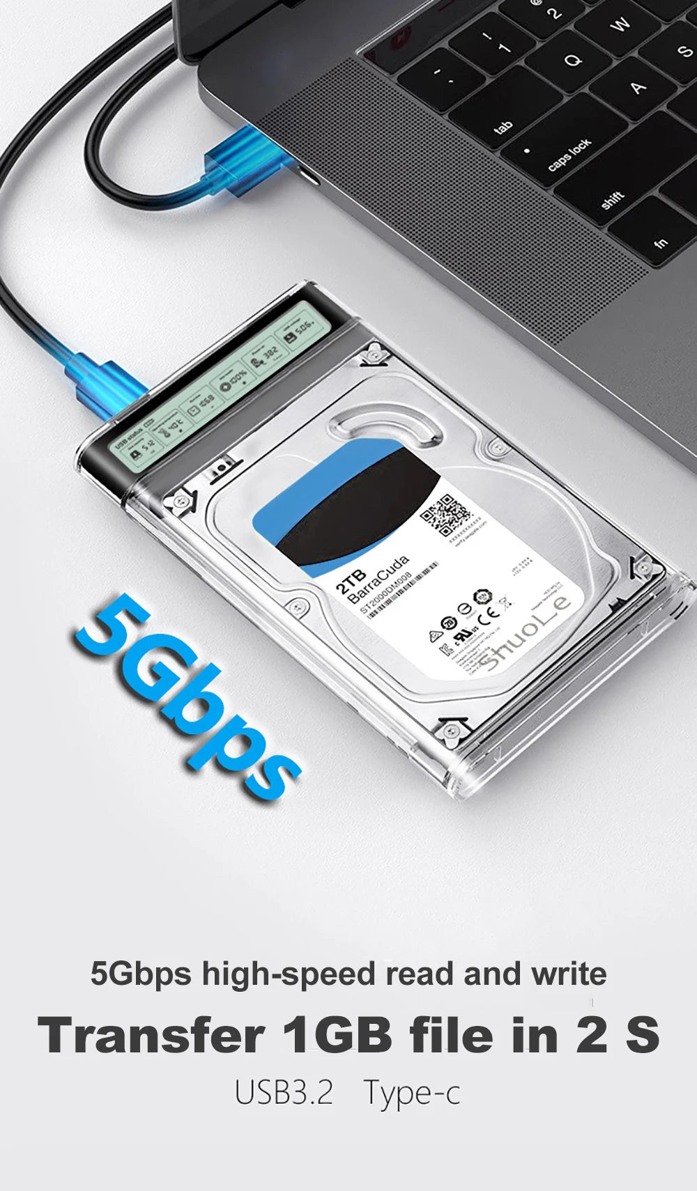 Smart Display HDD Case 2.5 Inch Transparent HDD Enclosure USB3.2 Gen2 External HDD Shell SATA HDD SSD Storage Case for Laptop PC