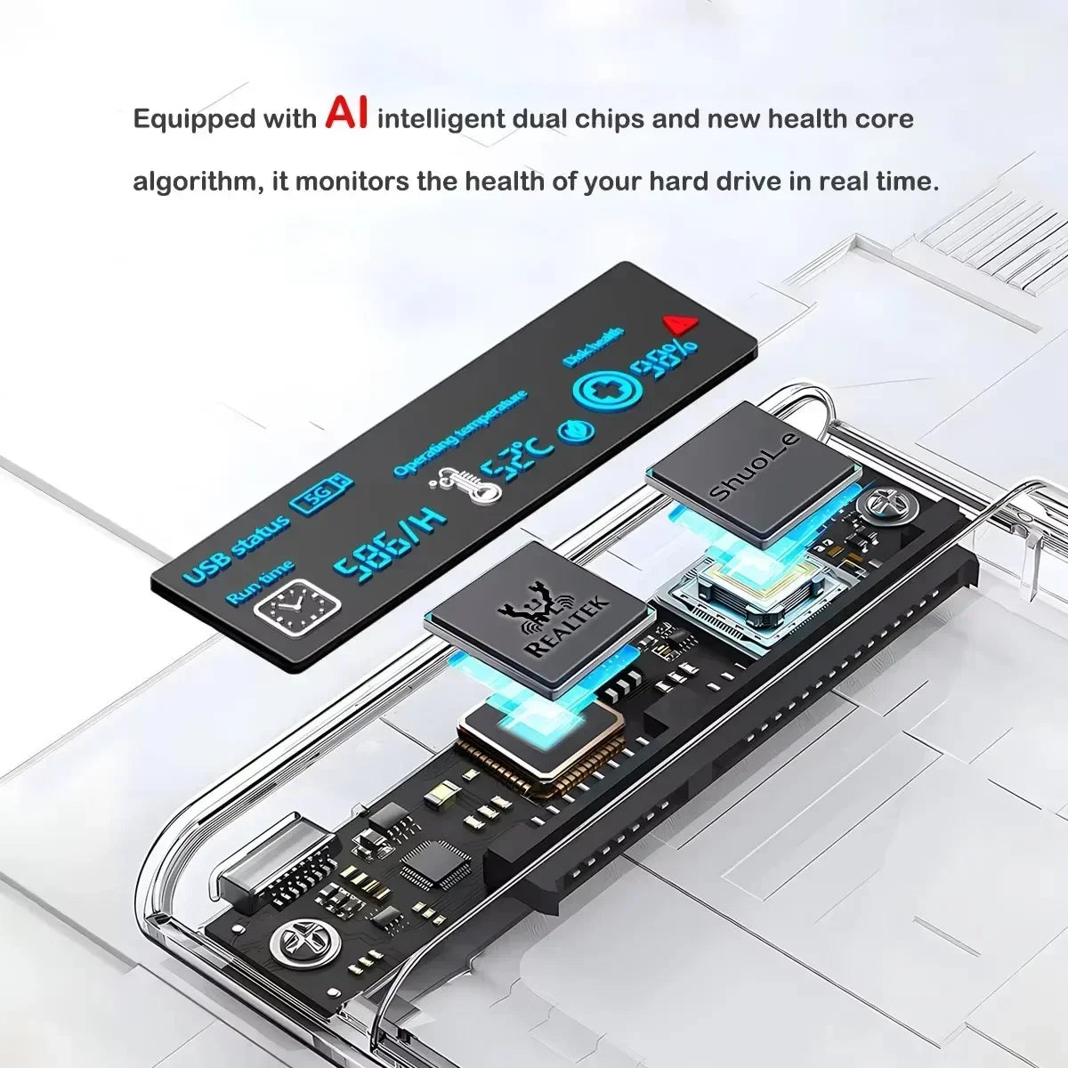 Smart Display HDD Case 2.5 Inch Transparent HDD Enclosure SATA to USB 3.0 External Shell SATA HDD SSD Storage Case for Laptop PC