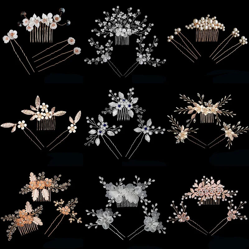 Luxury Pearls Wedding Flower Hair Comb Bride Hair Pins Clips Set Cute Hair Fork Headpieces for Women Jewelry Gift Hair Accessory