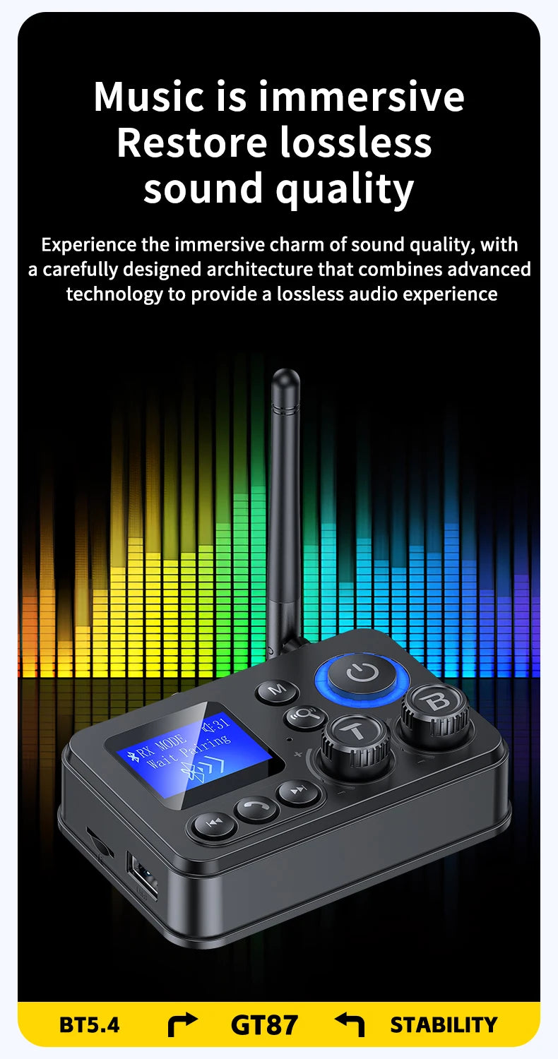 Bluetooth 5.4 Audio Transmitter Receive Support AUX/COAXIAL/SPDIF/TF/U disk with LCD Display for Home Stereo TV Speakers PC
