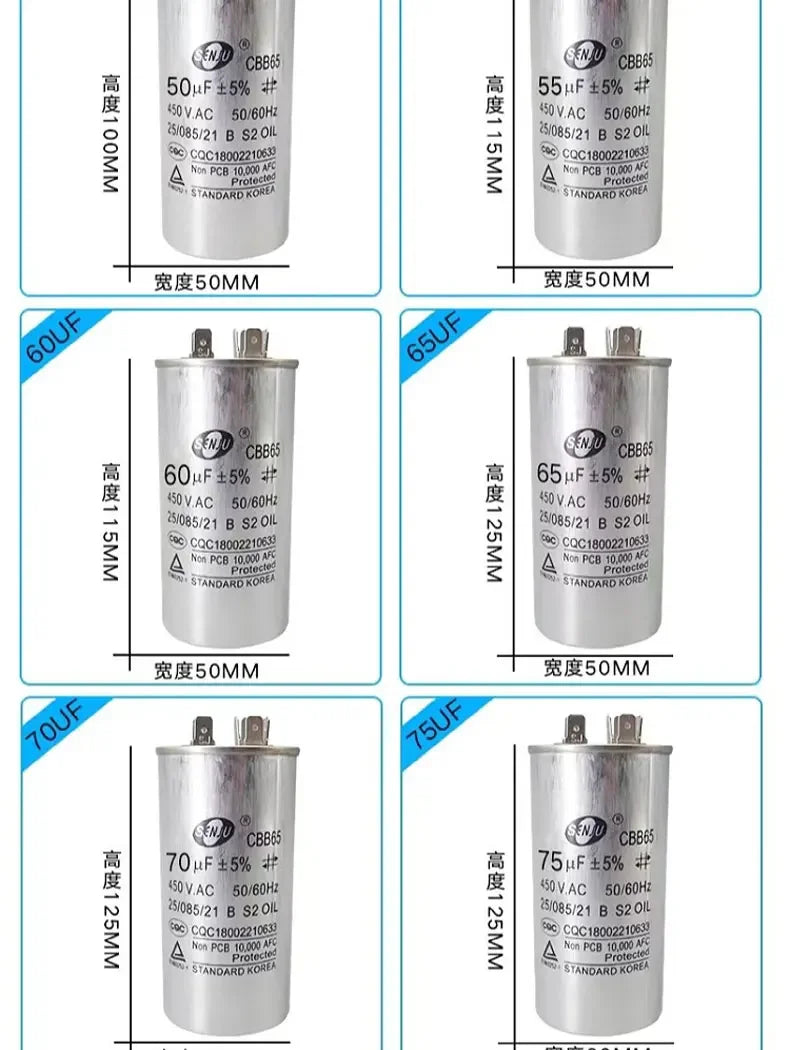 20UF25UF30UF 35UF 40UF 45UF 50UF 55UF 60-100UF CBB65 Air Conditioner Capacitor Compressor Motor Runs Starting Capacitor 450VAC