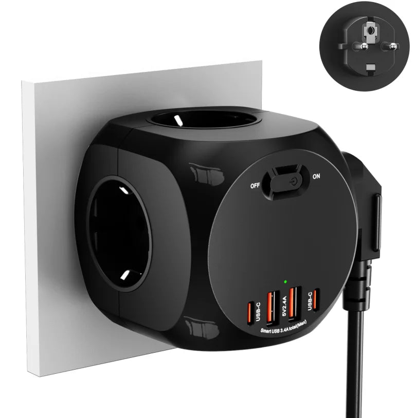 Eu plug multi-functional wall socket 4AC+4USB smart fast charging with multiple safety protections, suitable for family travel