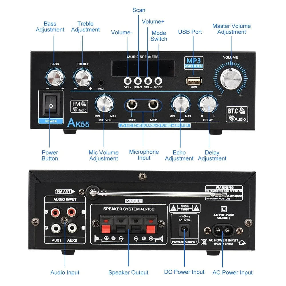 AK55 HiFi Digital Amplifier Channel 2.0 Bluetooth Surround Sound AMP Max Power 90Wx2 Speaker for Home Car BT 5.0 Audio AMP