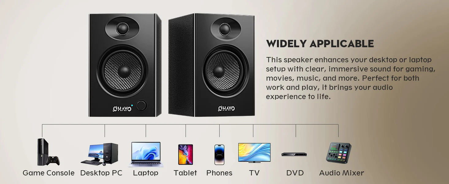 OHAYO 60W Computer Speakers for Music Gaming, Active Bluetooth 5.3, Stereo 2.0 Speakers for Desktop PC or Laptop, Aux RCA Input