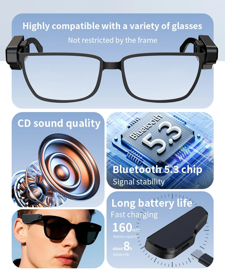 Wireless Headphones for External Glasses Headphones Bluetooth 5.3 Stereo Headset Noise Reduce Handsfree Call Touch Headset