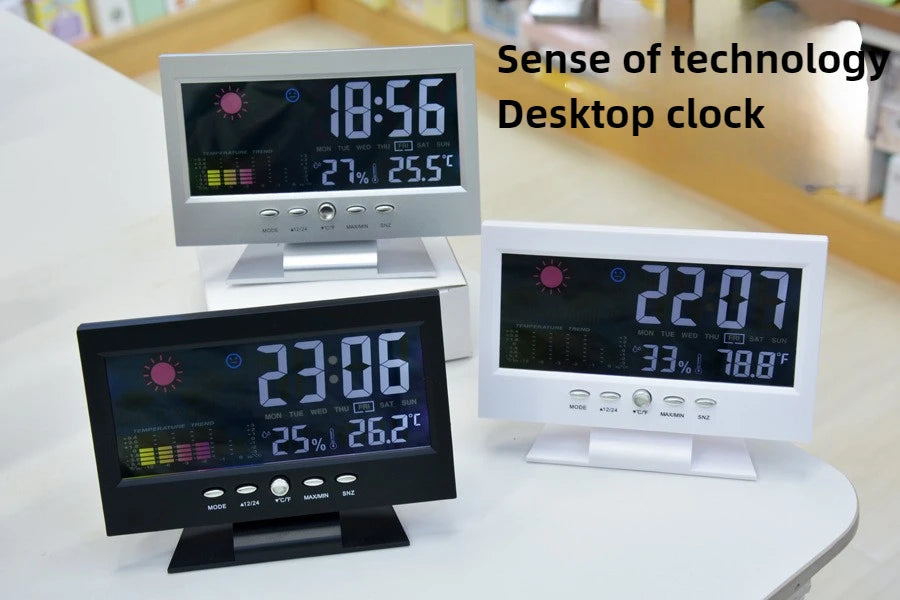 Electronic Alarm Clock Digital Alarm Clock Weather Station Time Temperature Humidity Display Clock with USB Cable Sound Control