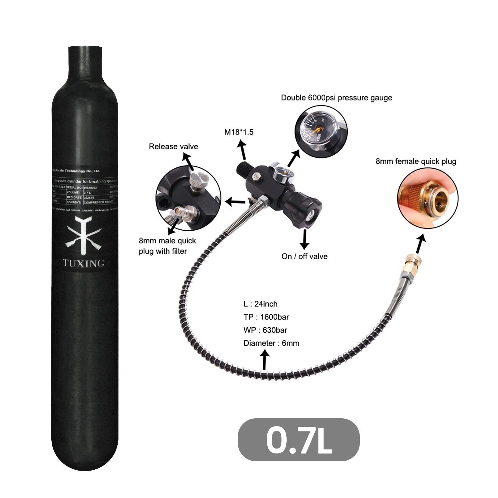 TUXING 4500Psi 300Bar 0.7L 700cc 42Ci Carbon Fiber Cylinder HPA High Pressure Regulating Valve Fill Station Scuba Diving M18*1.5