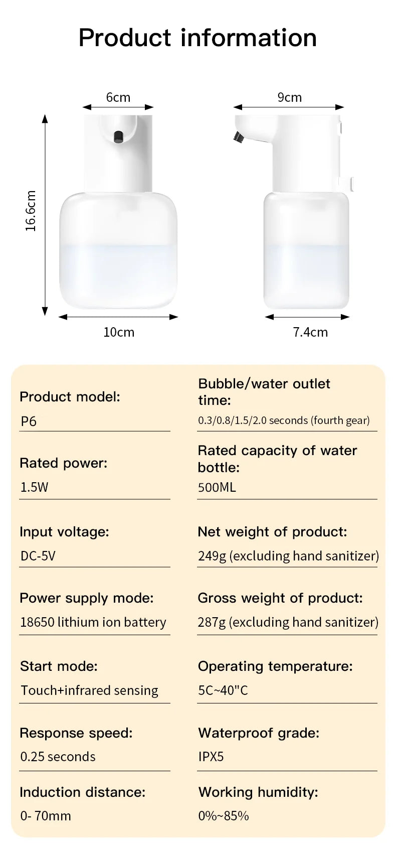 500ML P6 Large Capacity Contactless Intelligent Induction Automatic Sense Soap Dispenser Electric Hand Sanitizer Washing Machine