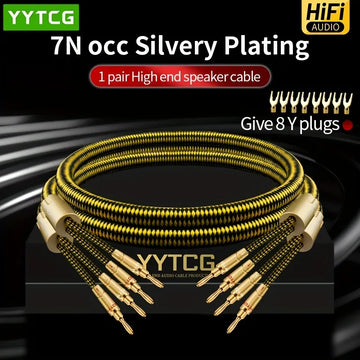 YYTCG One Pair HIFI Speaker Audio Cable High-End Stereo Amplifier Cable 7N OCC silvery plating Wire core Replaceable Y plug