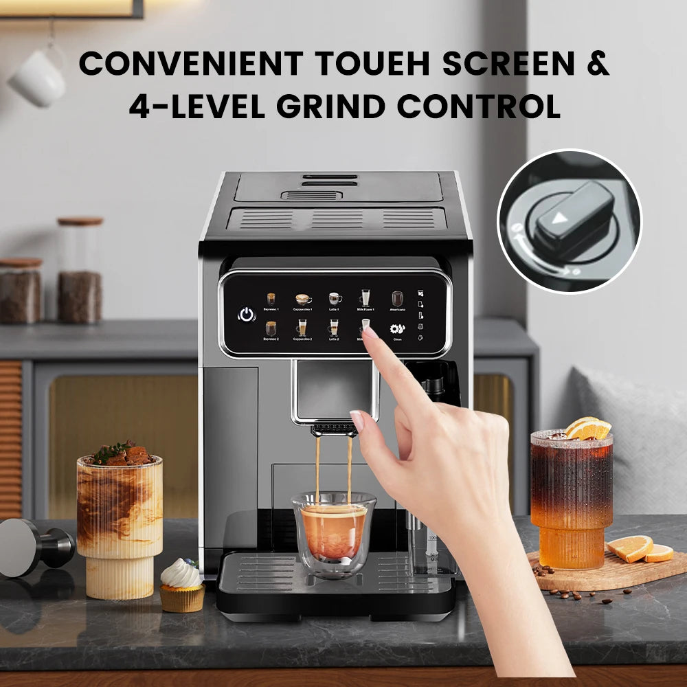Mcilpoog AM7203 Automatic Espresso Machine ，Built-In Milk Frother & Tank, 7 Coffee Varieties, Touchscreen