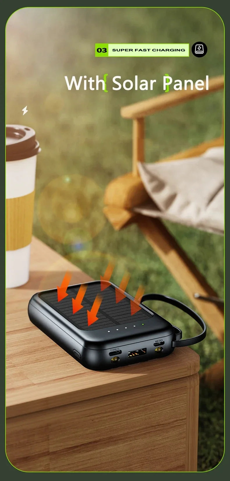 50000mAh Solar Power Bank Built Cables Solar Charger Poverbank 2 USB Port External Charger Mobile Phone Powerbank with LED Light