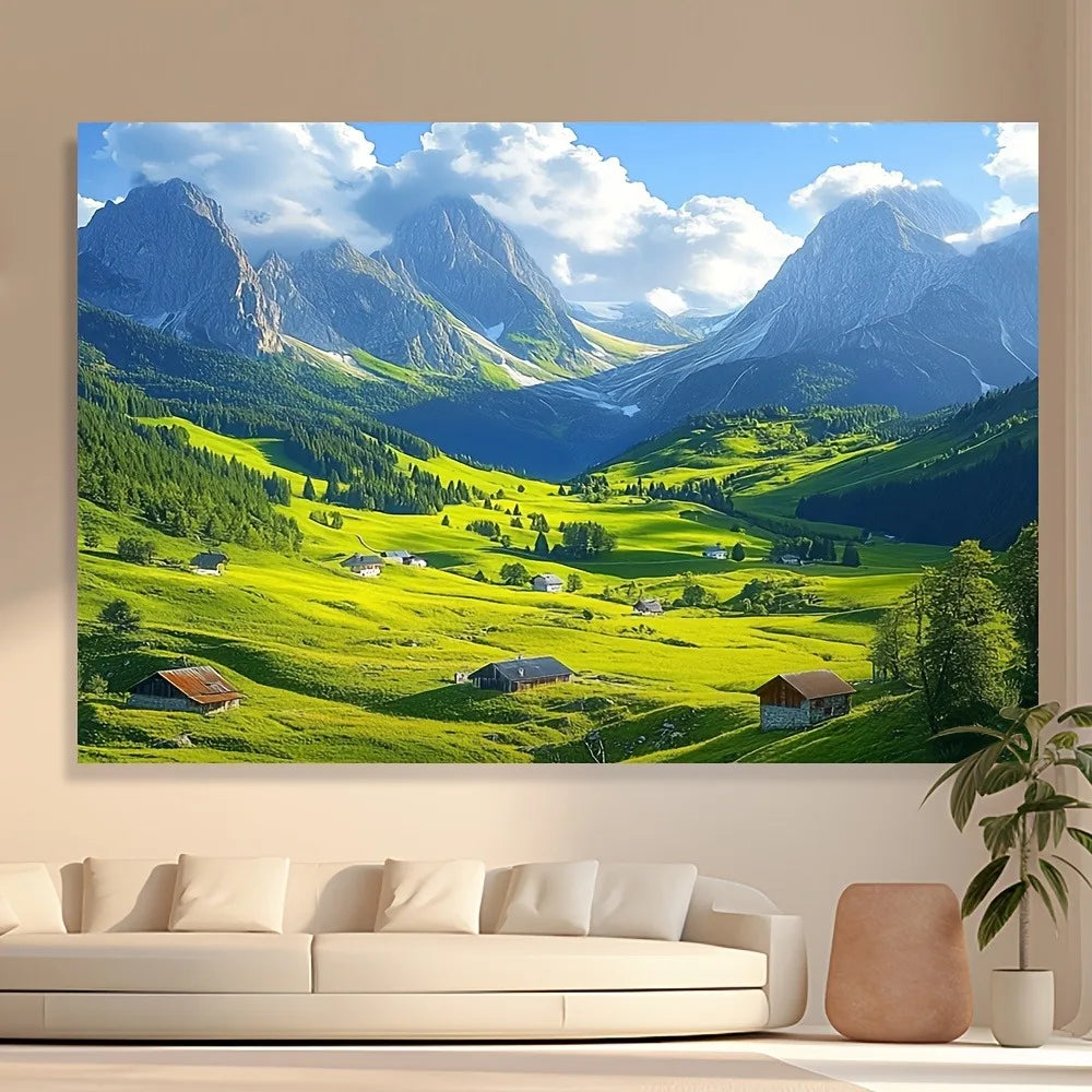 Sunny Alpine Valley Tapestry: Lush Mountain & Meadow Scene Pattern Serene Cottagecore Wall Decor for Living Room Bedroom