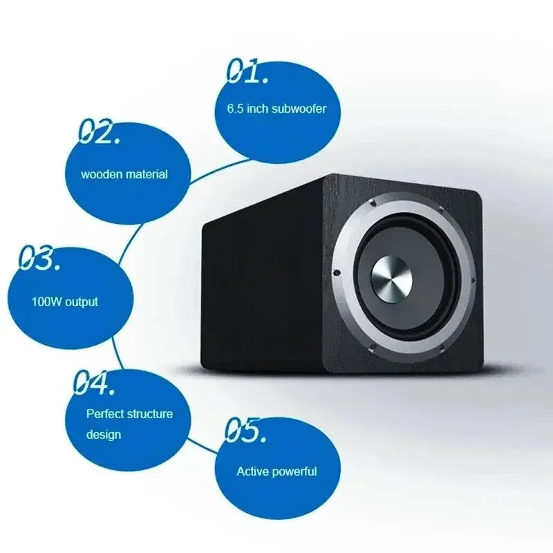 100W Active Subwoofer 6.5 Inch Wooden Pure Bass for Audio Input Amplifier Home Theater Speakers Stereo Strong Bass Music Player