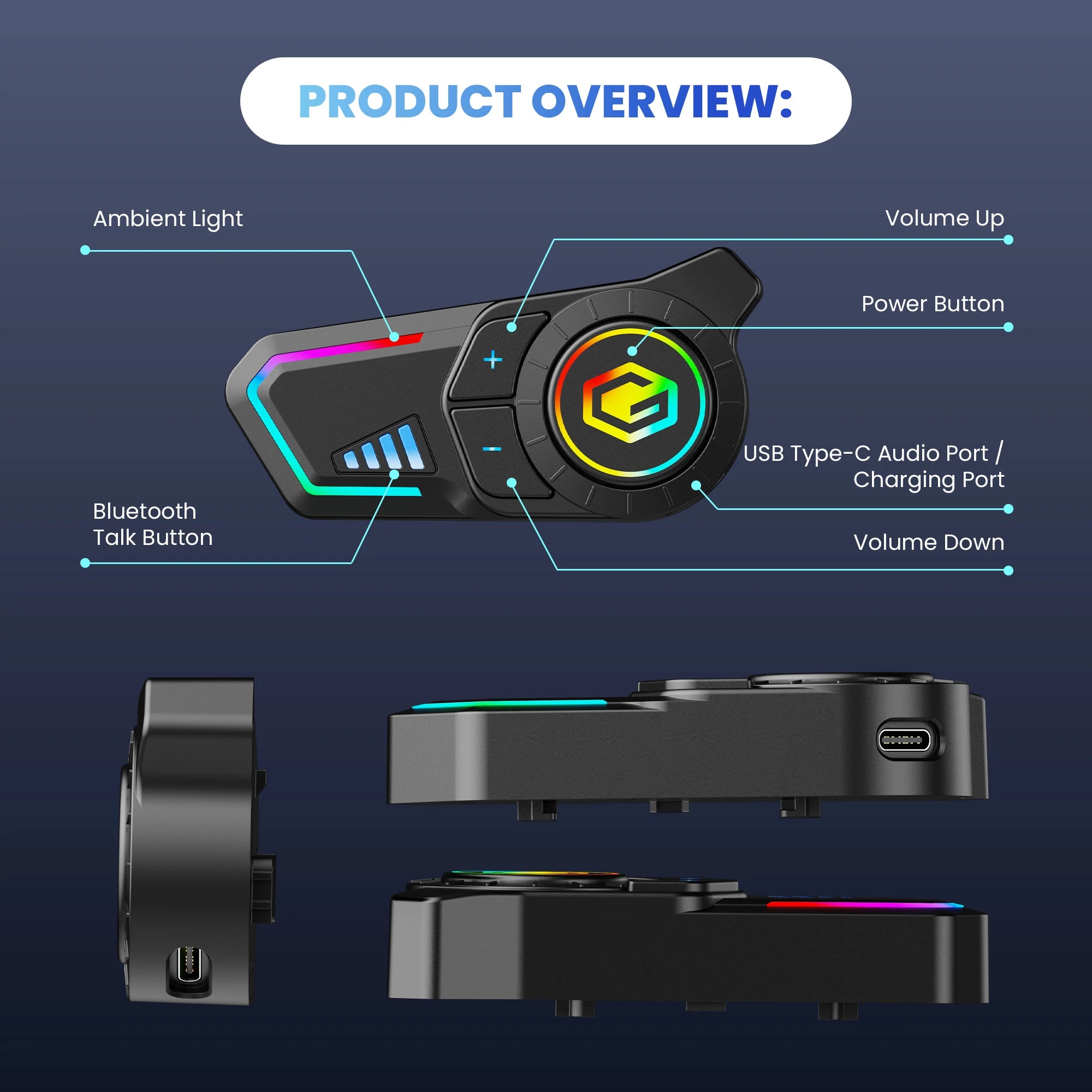 GEARELEC G1 Motorcycle Helmet Bluetooth Headset Hands Free Call IPX67 Waterproof 1000mAh Headset Speakers HiFi Stereo RGB Light