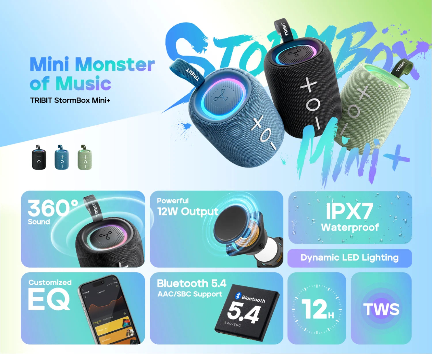 TRIBIT New StormBox Mini+ Portable Bluetooth Speaker,12W Power 360° Sound With XBass, LEDs, APP Control, IPX7 Waterproof Outdoo