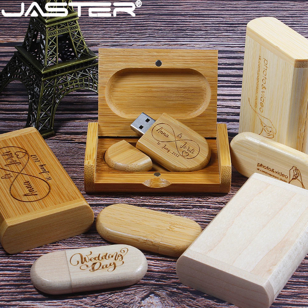 JASTER USB 2.0 Flash Drive 64GB Pen drive Wooden Box Free Personal LOGO Memory stick 64GB 32GB 16GB wedding Gift U disk Pendrive