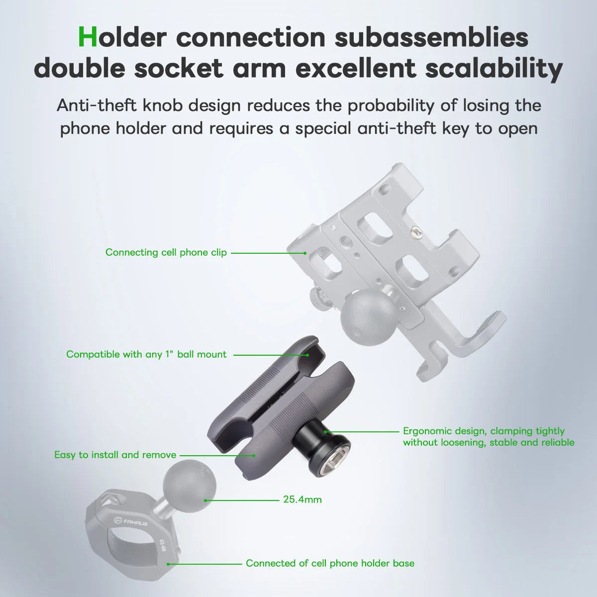 FANAUE Aluminum Alloy Mobile Phone Holder Ball Head Connecting Rod Anti-Theft Stable Compatible With 25mm Ball Head Accessories