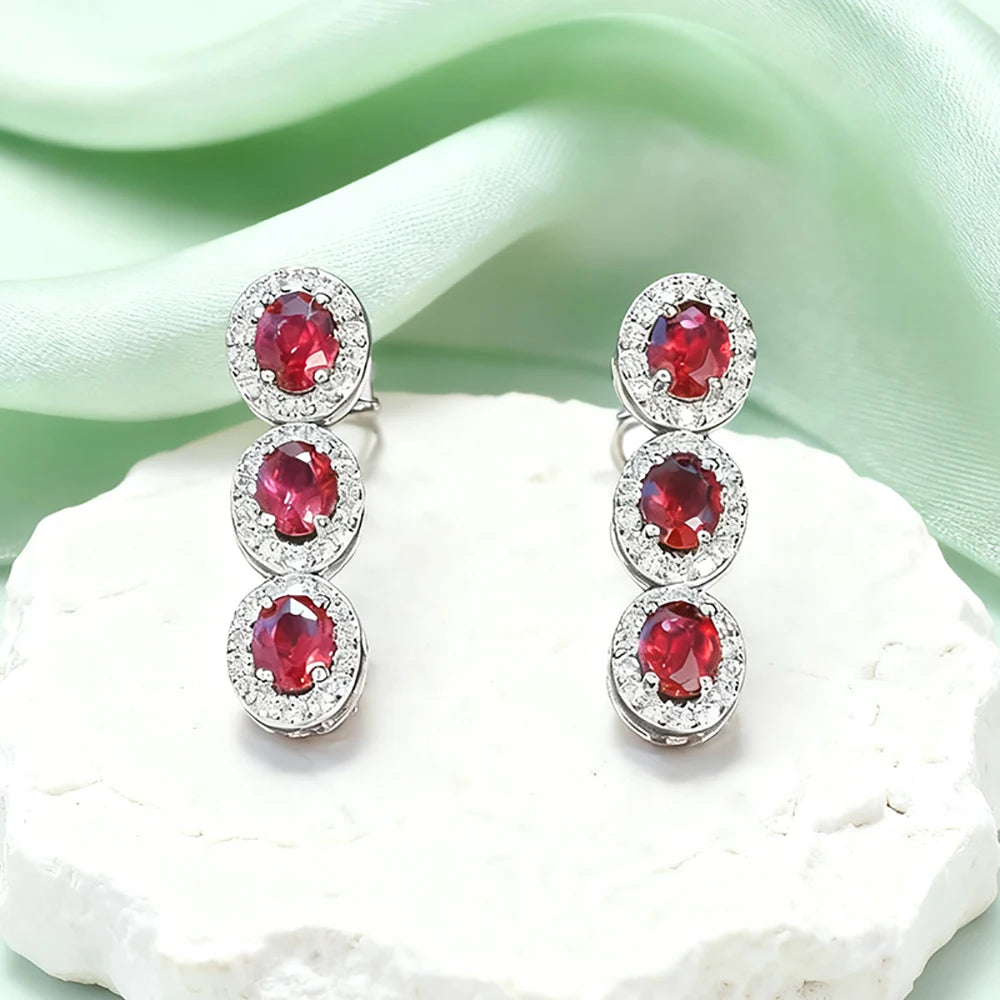 TEMGF 4*6mm Oval Cut Ruby Gemstone Drop Earrings S925 Sterling Silver Tassels Ear Studs for Women Fashion Luxury Fine Jewelry