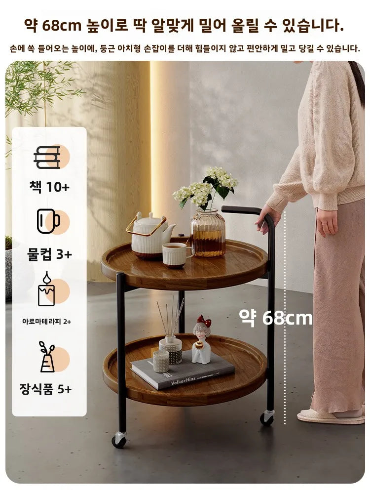 Solid Wood Rolling Cart Table Movable Side Wheels Compact Wooden Tea Trolley Living Room Portable Coffee Bedroom Bedside Storage