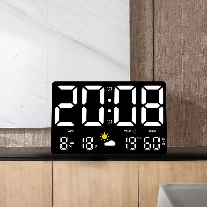 Smart Mute LED Wall Clock with Large Screen Temperature and Humidity Display Weather Clock Multifunctional Digital Color Alarm