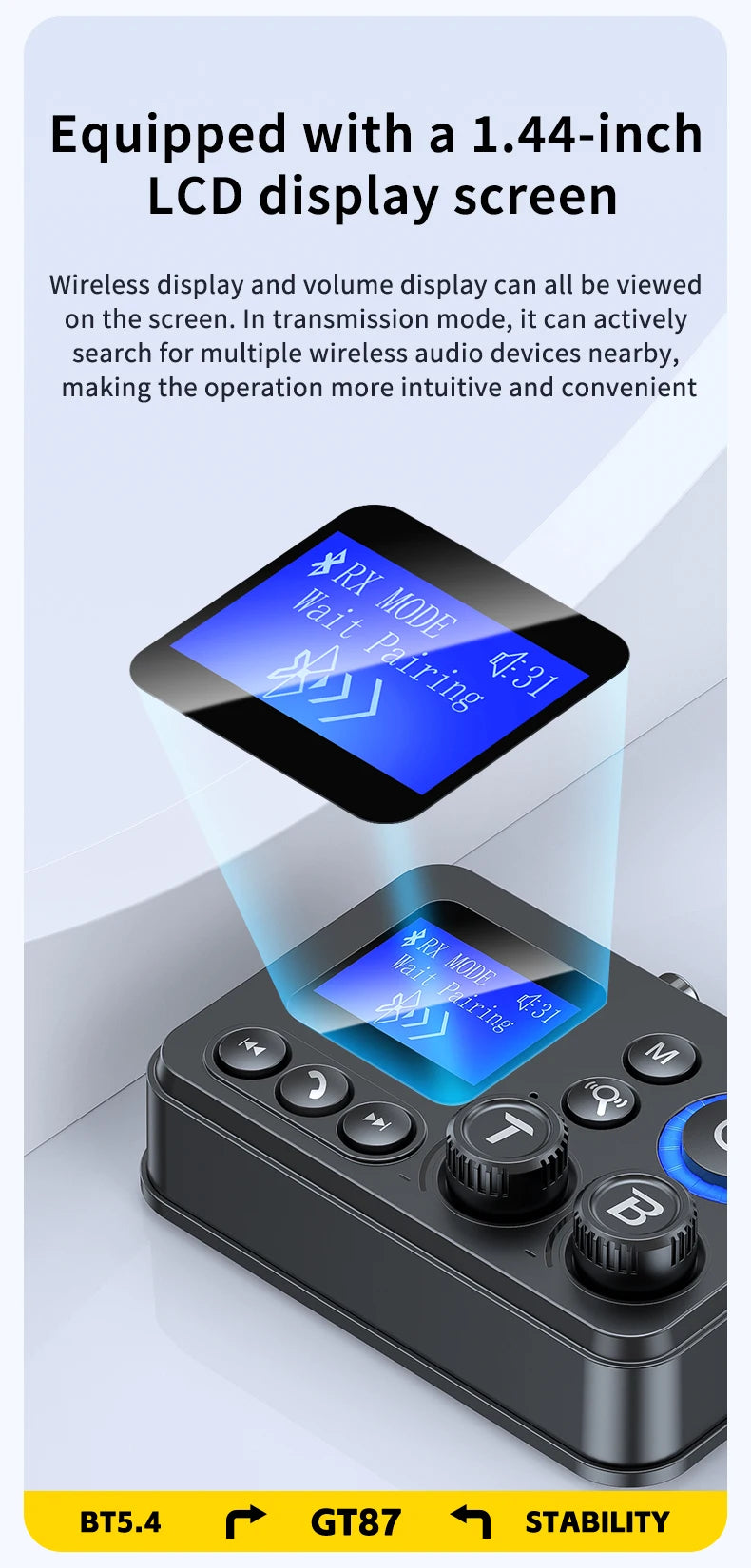 Bluetooth 5.4 Audio Transmitter Receive Support AUX/COAXIAL/SPDIF/TF/U disk with LCD Display for Home Stereo TV Speakers PC