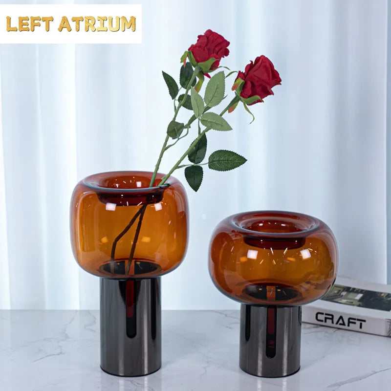 Dark Glass Vase, Iron Frame Cylindrical Base Flowerpot, Living Room Decoration, Creative Hydroponic Vase, Glass Container