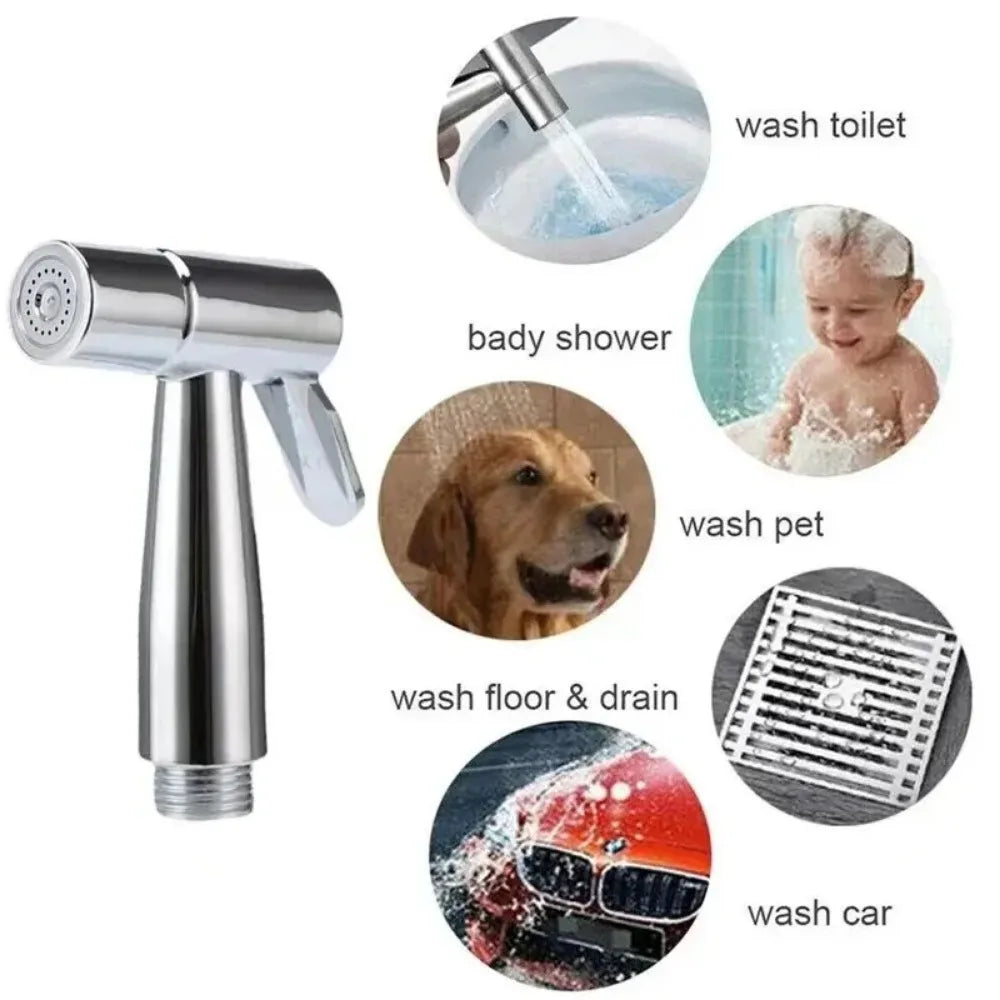 Handheld portable toilet flushing device with spray gun, handheld faucet, household bathroom shower head, self-cleaning