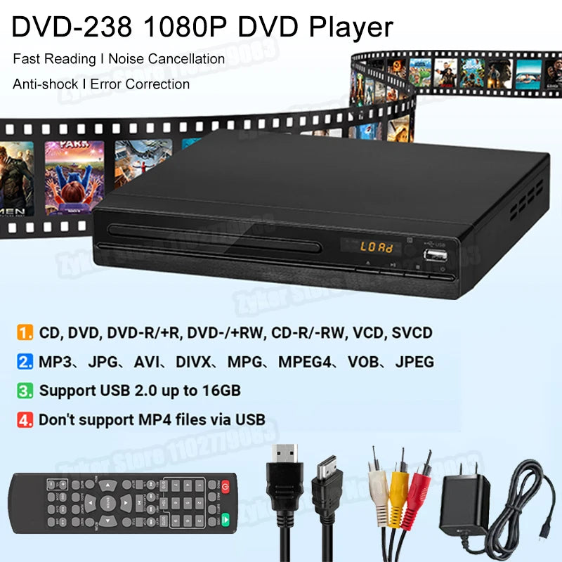 DVD Player DVD 238 1080P HD DVD Player Home Multimedia DVD Player Box For TV DVD CD Players Home Theater Systems HDMI-Compatible