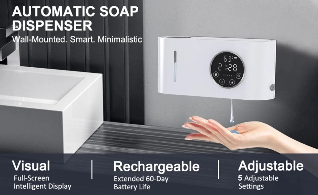 Automatic Soap Dispenser Wall-Mounted Non-Contact Sensor Soap Dispenser (With LED Screen) for Bathroom Kitchen Soap Dispenser
