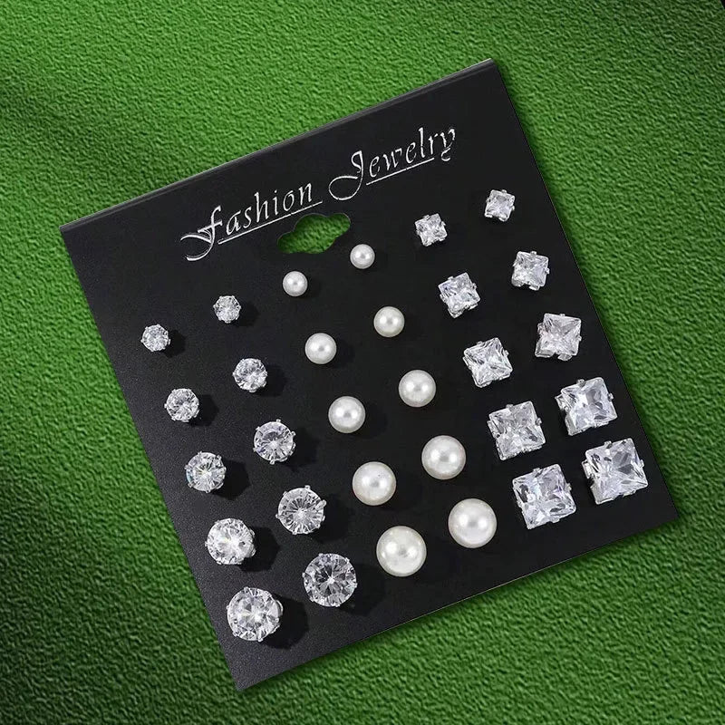 New Geometric Six-Claw Heart-Shaped Crystal Zircon Basic Set Ear Studs Vintage Elegant 36 Pairs Unisex