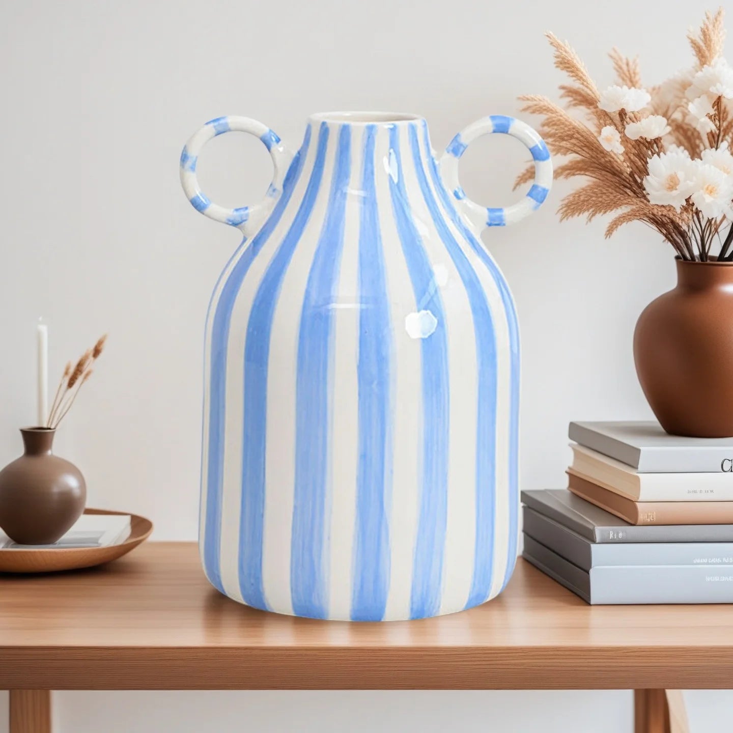 Nordic Style Art Vase Ornament Double Ear Striped Ceramic Vase Hydroponic Flower Cutting Bottle Home Decoration Flowerpot