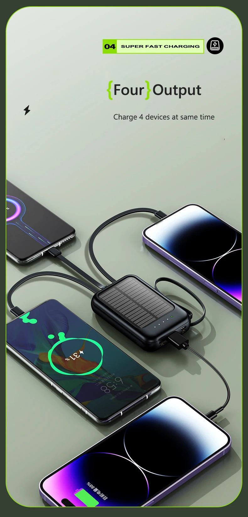50000mAh Solar Power Bank Built Cables Solar Charger Poverbank 2 USB Port External Charger Mobile Phone Powerbank with LED Light