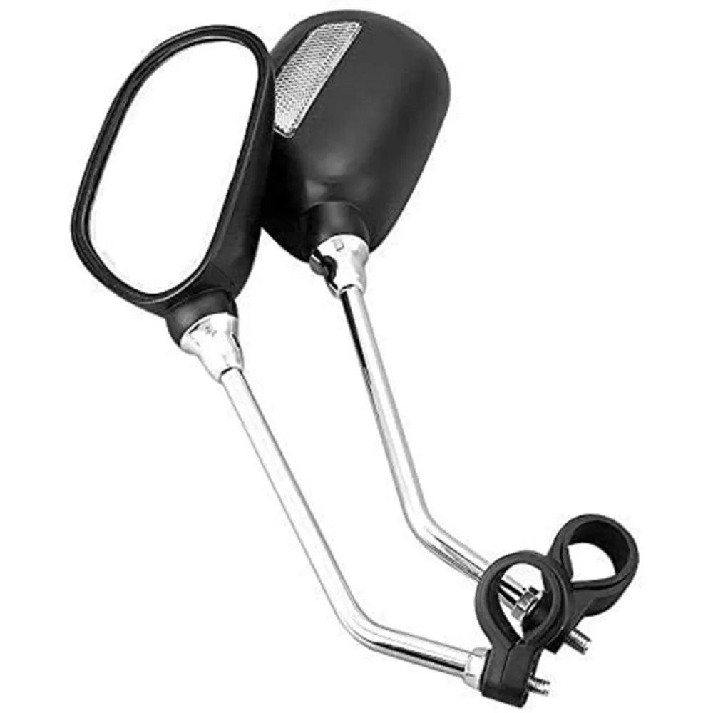 The bicycle rearview mirror can rotate 360 degrees. There is a reflector on the back of the bicycle rearview mirror.