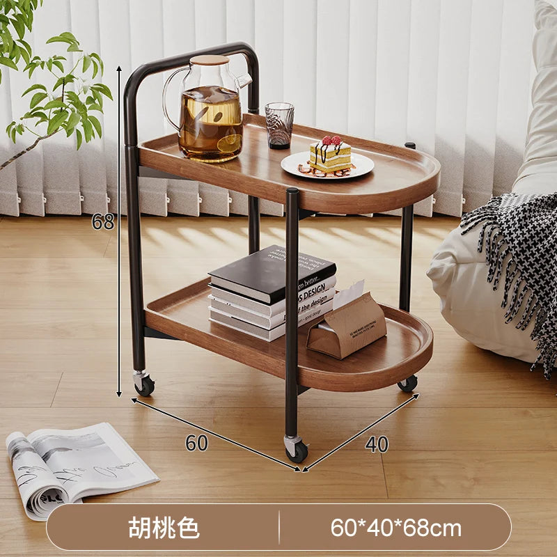 Solid Wood Rolling Cart Table Movable Side Wheels Compact Wooden Tea Trolley Living Room Portable Coffee Bedroom Bedside Storage