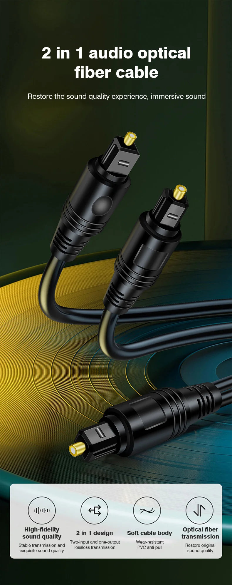 1 To 2 Toslink Gold-Plated Digital Optical Audio Cable Spdif For Amplifiers Blu-Ray Players Xbox Ps4 Sound Bar Coaxial Cable