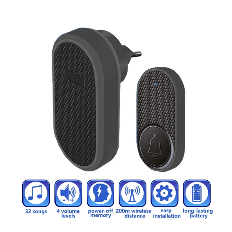 Smart Welcome Doorbell Wireless Door Bell Chime Guests Button 32 Songs Home Alarm Reminder Receiver Black Fashion