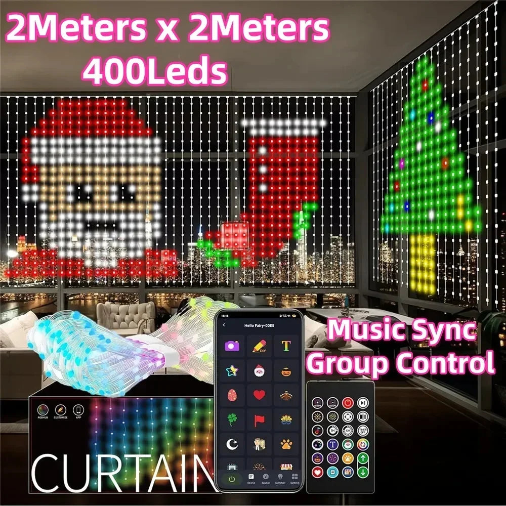 400LEDs 2X2Meters Smart Curtain Lights DIY Text LED String RGB Waterproof Fairy Lights Music Sync Display for Window Party Decor