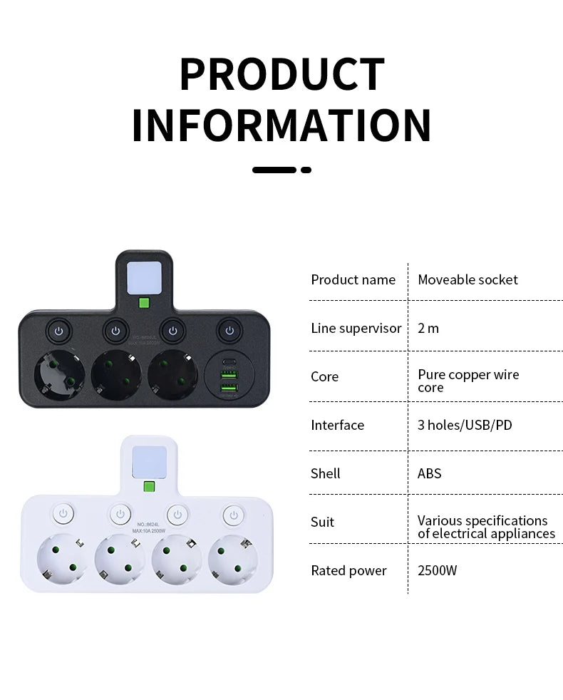 Wireless Wall Charger Socket with 3 AC Outlets +2 USB Ports+ 1 Type C 6-in-1 Plug Socket EU Plug Fast Charging power board