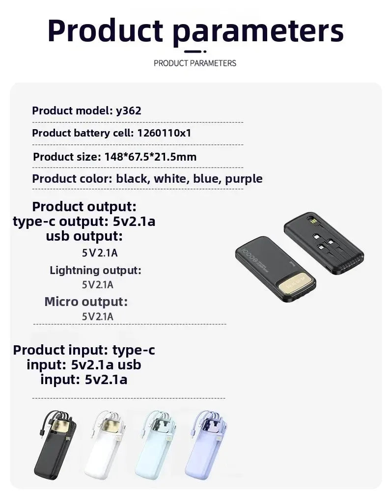 CCC Certified 10000mAh 20000mAh Power Bank Built in Type C Cable Ultra Thin Digital Display Portable External Battery Powerbank