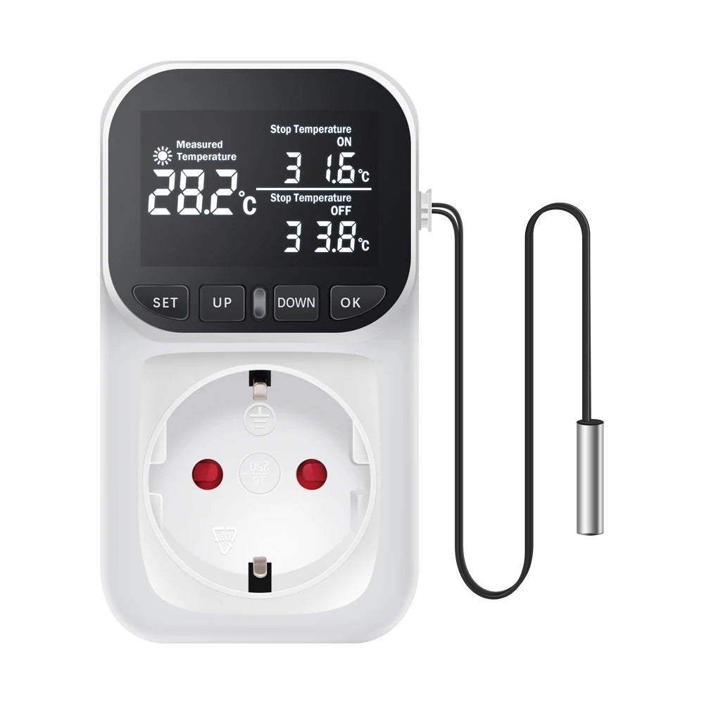 16A Thermostat Socket Multi-Function Temperature Controller Outlet with Timer Switch Sensor Probe Heating Cooling Switch