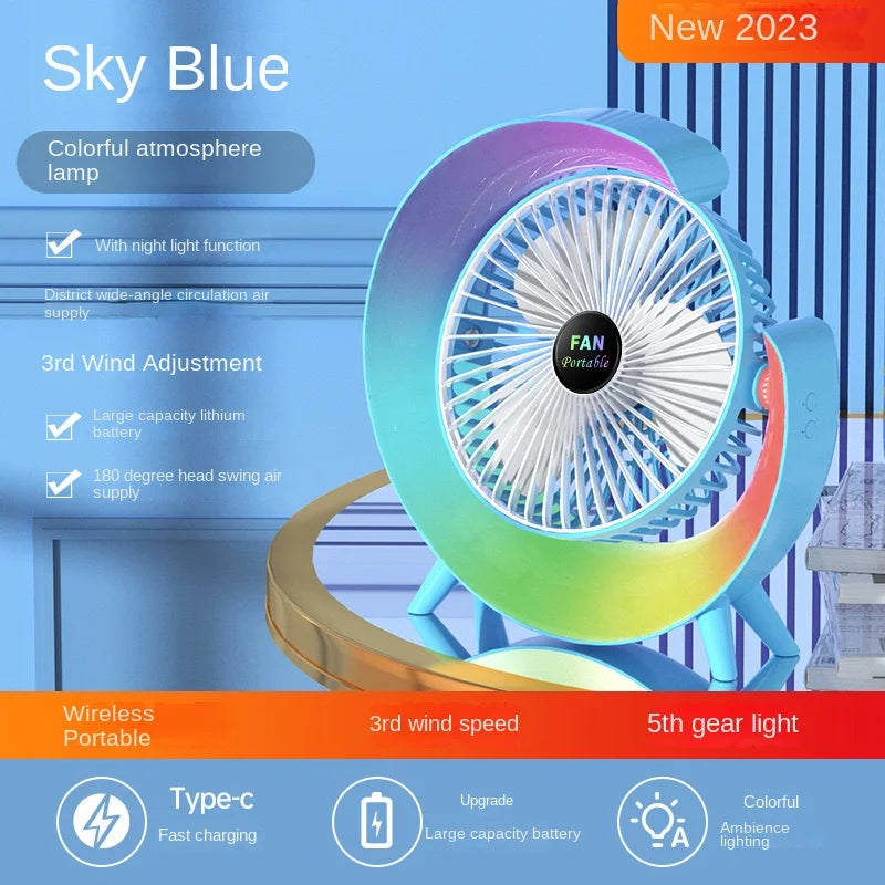 5 Inch Portable Desk Fan with LED Light 3 Speed Silent Fan USB Rechargeable Battery Powered for Home Office Outdoor Camping