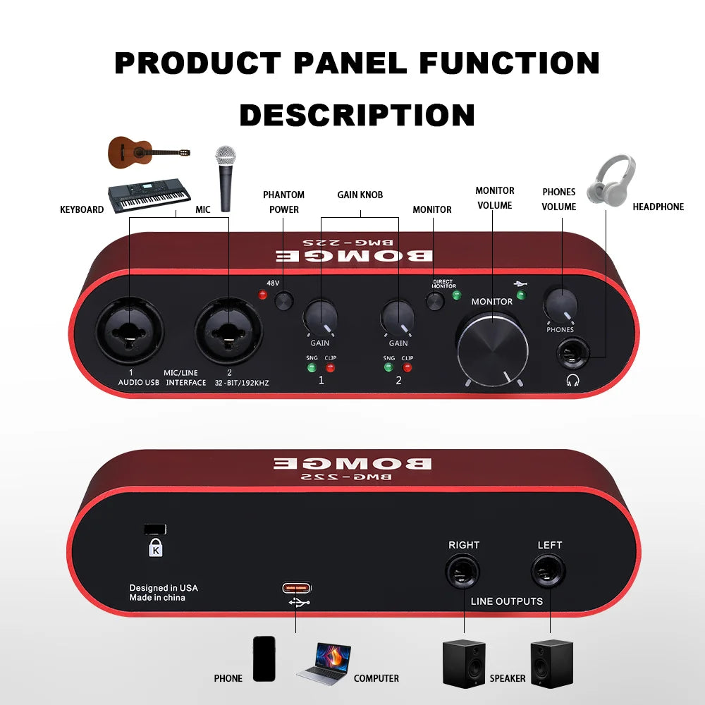 Audio Interface BOMGE BMG-22S 32-bit/192kHz Professional Sound Card And dual channel Amplifier Are Used For Live Recording