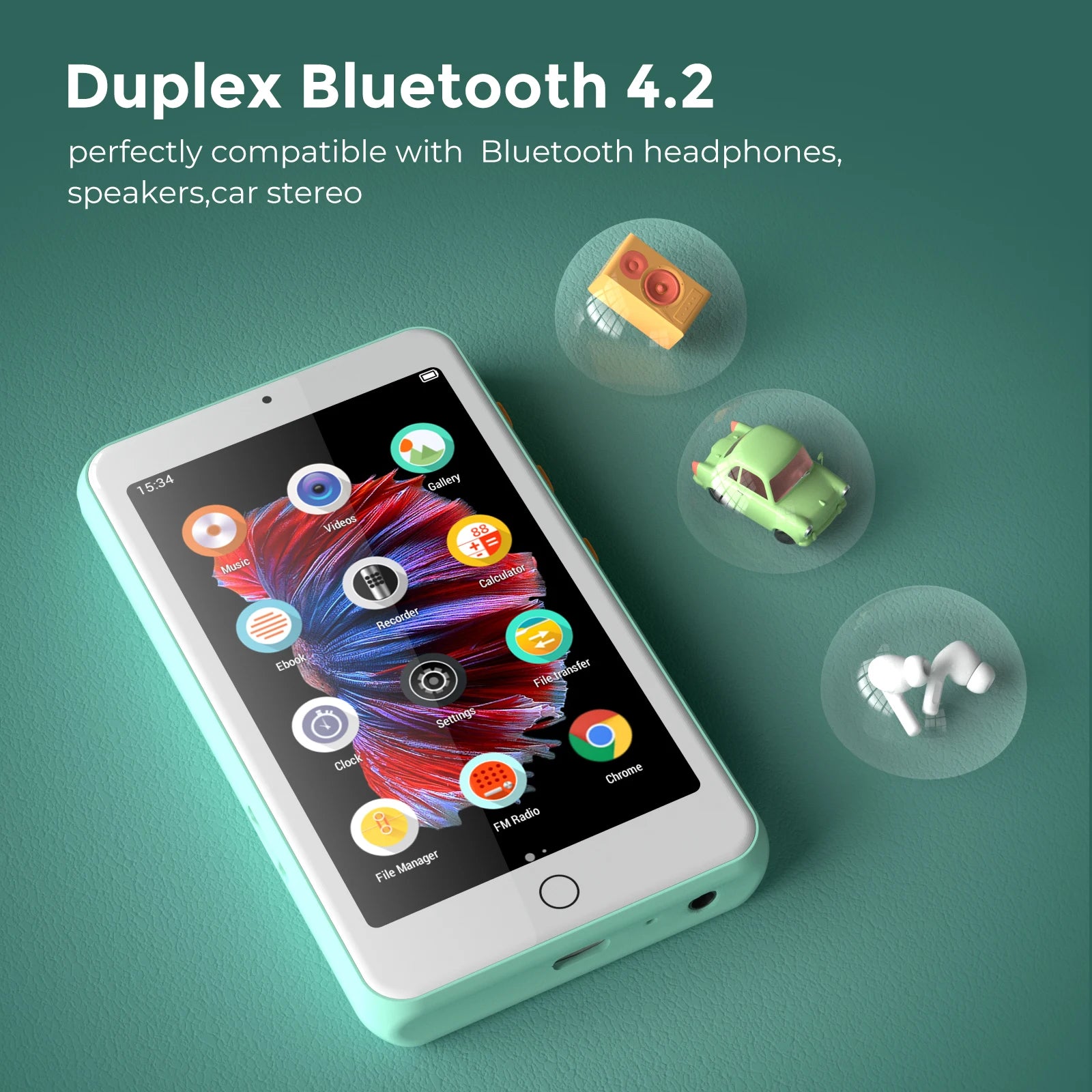 Portable MP4/MP3 player bluetooth speakers & wifi, music player with video, FM radio, eBooks, Recorder, capacity up to 512 GB